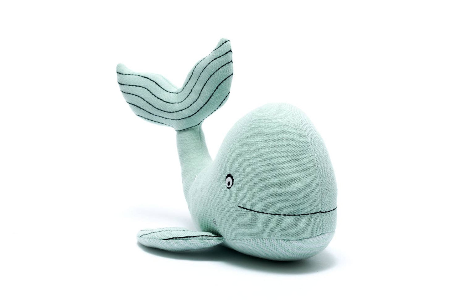 Tactile knitted organic cotton sea green whale plush toy